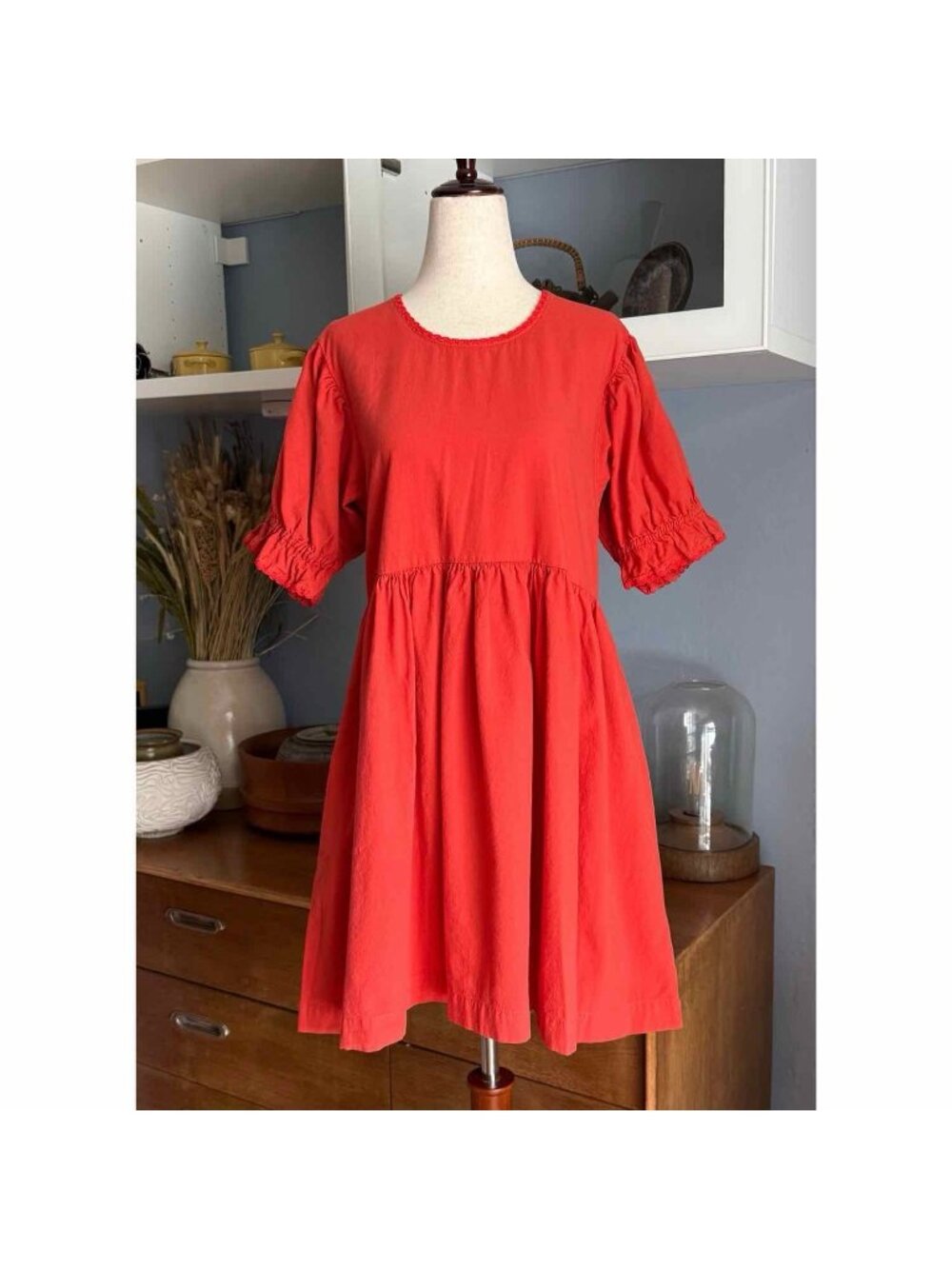 Noble Utility Organic Cotton Babydoll Dress Puff Sleeves Orange/Red